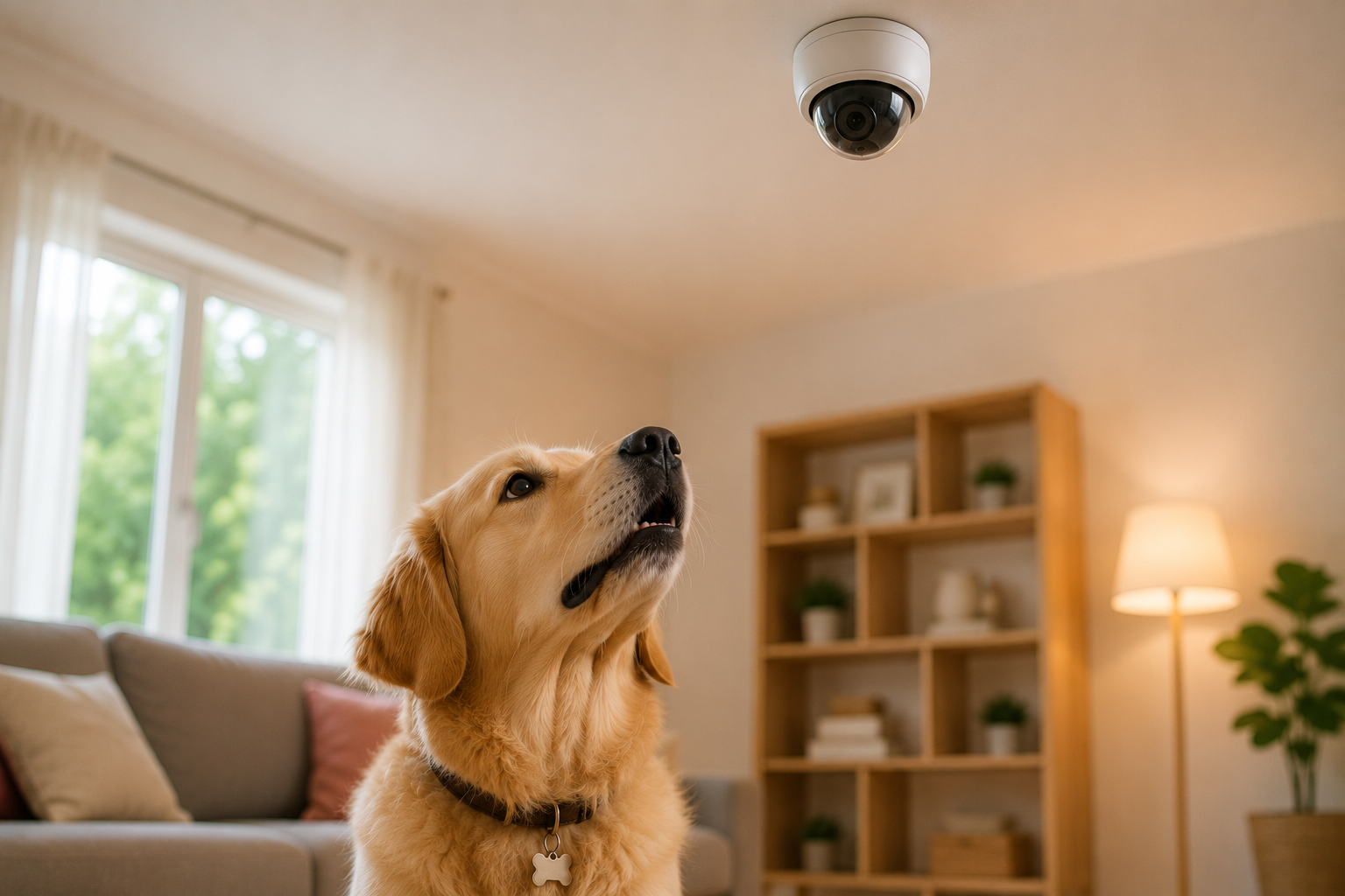 Tutor visualizando o cachorro pelo aplicativo da câmera pet no celular