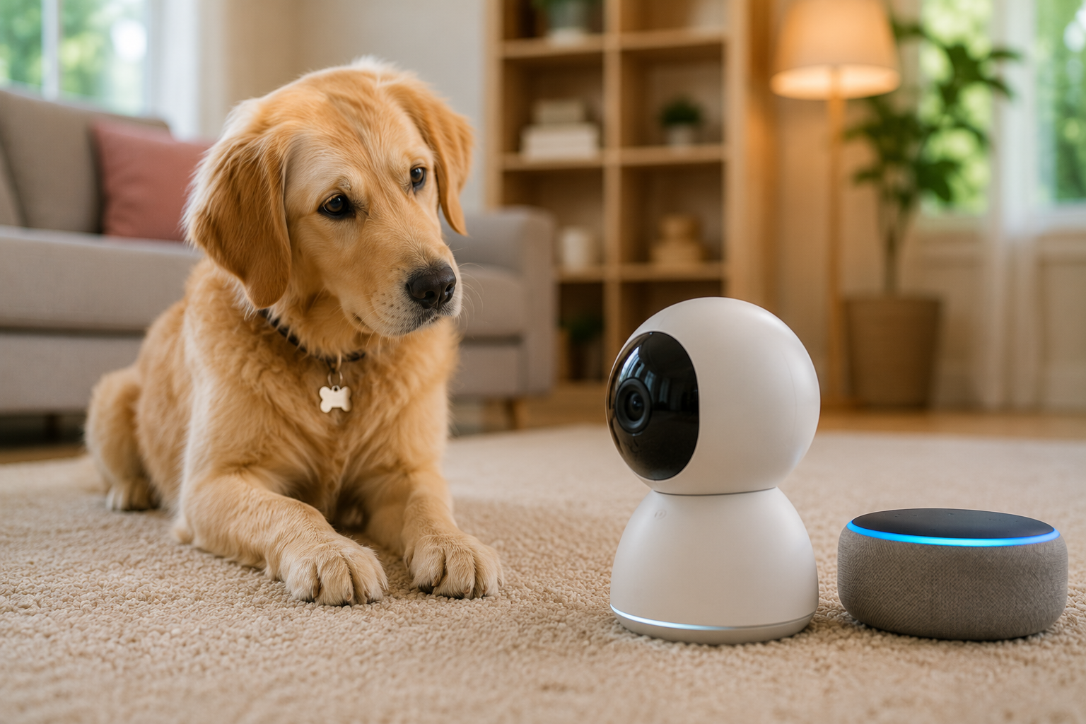 Câmera Wi-Fi em móvel da sala monitorando cachorro deitado no tapete