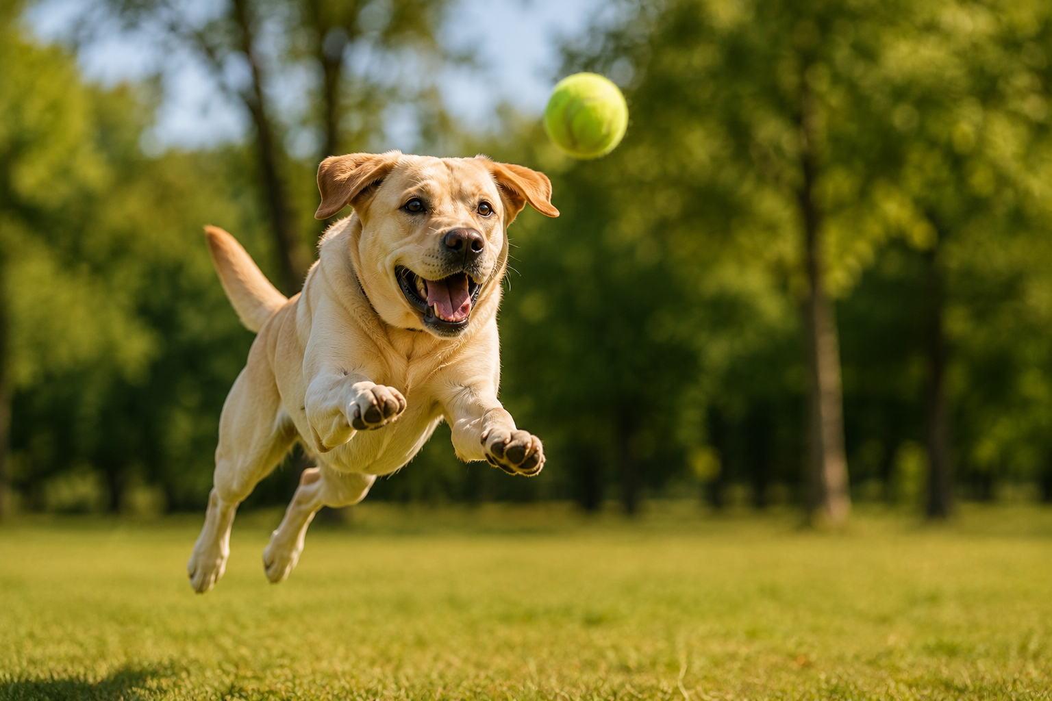 Labrador amarelo e Golden Retriever sentados lado a lado em gramado, comparação entre as raças