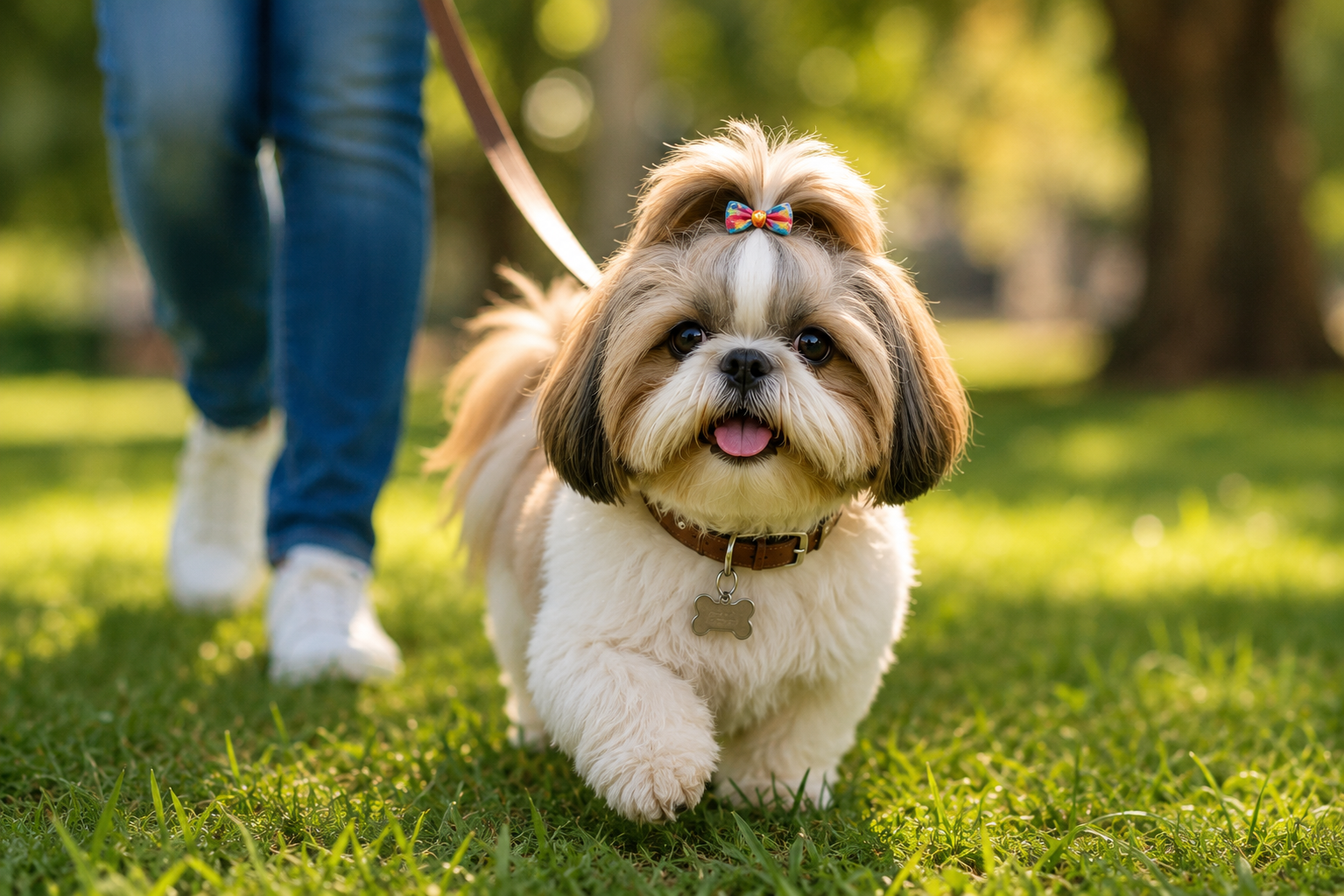 Cachorro de porte médio usando peitoral acolchoado durante passeio no parque