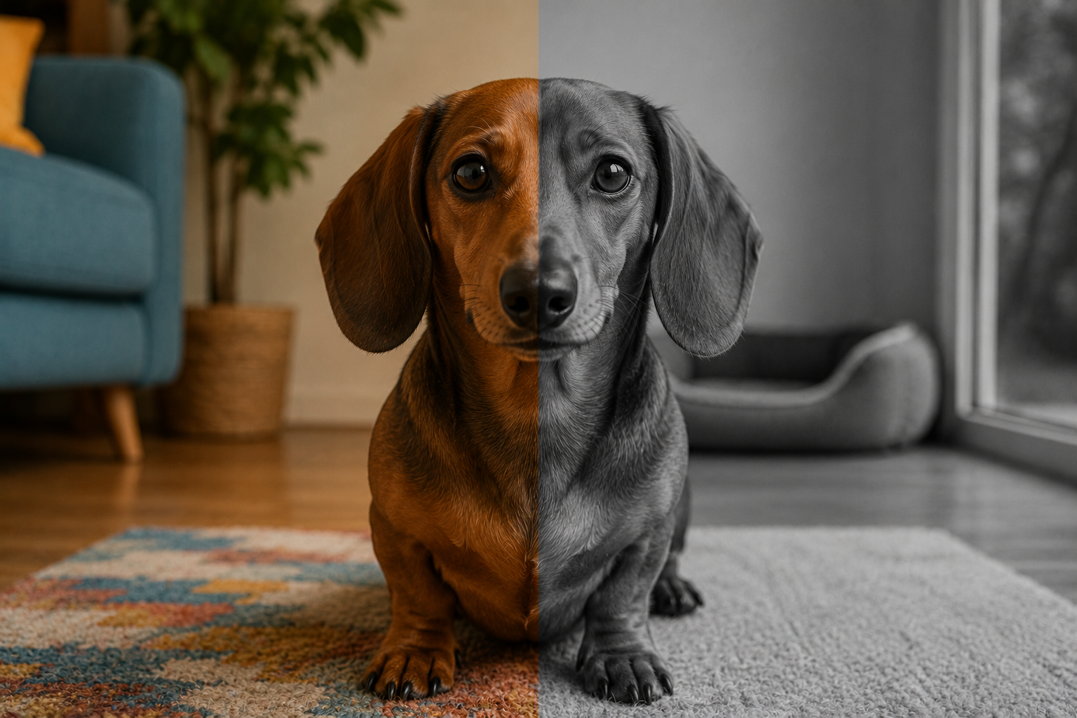 Comparação lado a lado de uma cena vista por um humano e pela visão dicromática de um cachorro