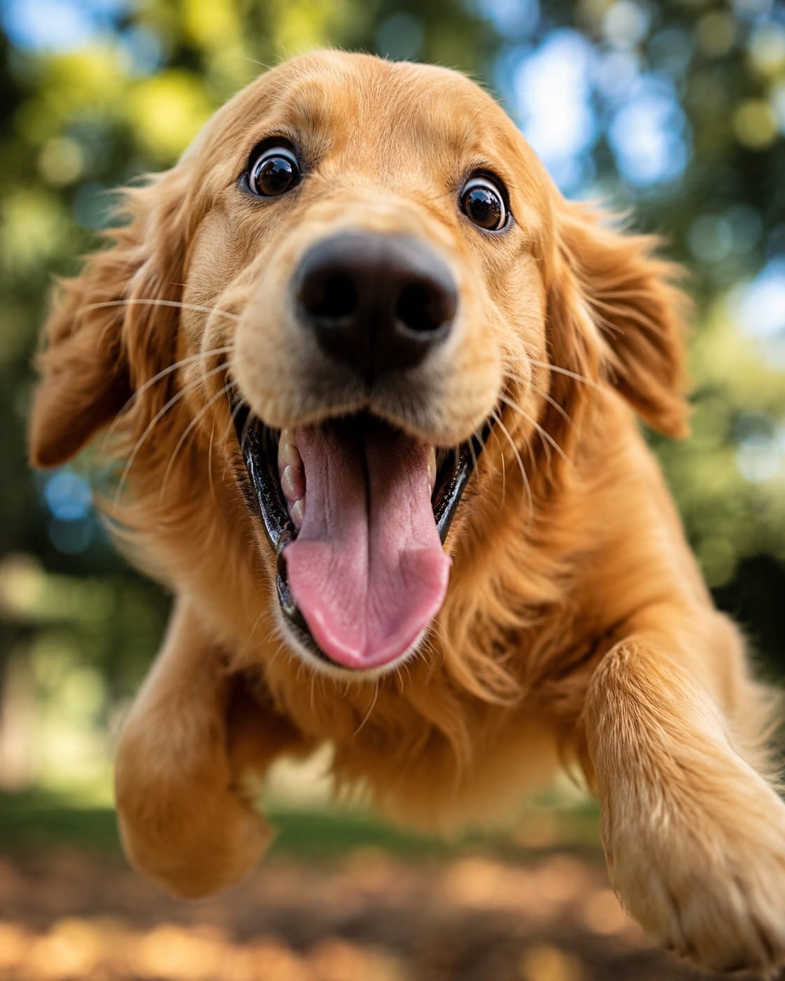 Golden Retriever adulto sorrindo em campo aberto