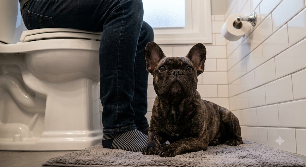 Cachorro sentado na porta do banheiro olhando para o tutor, comportamento típico de cão velcro