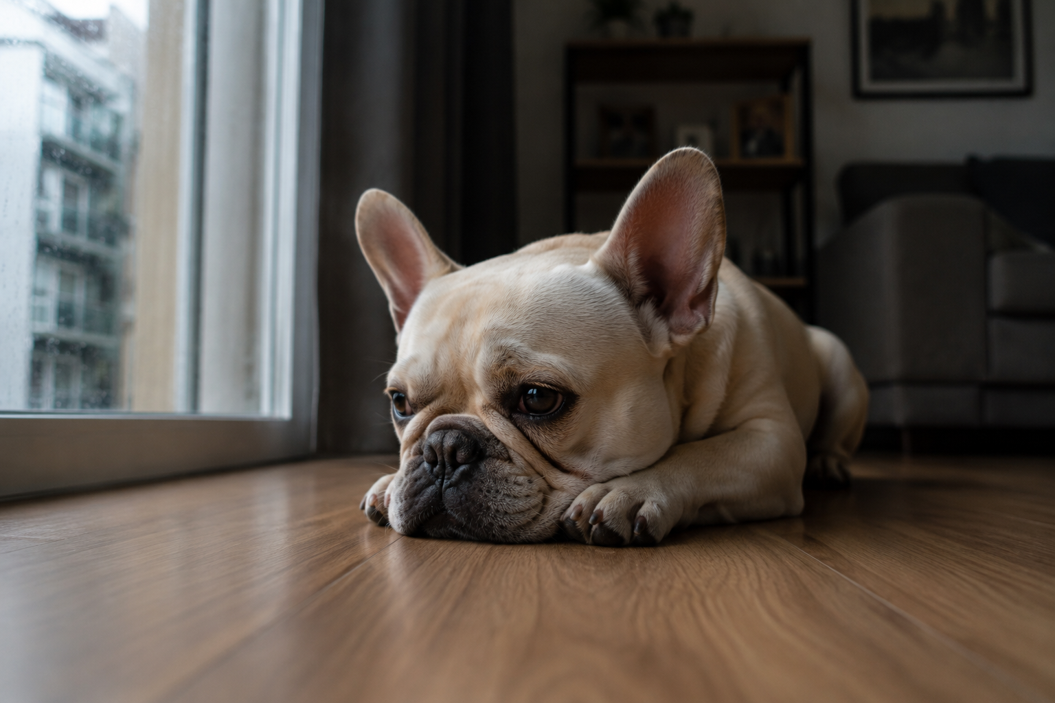 Close no focinho achatado e nas narinas de um Bulldog Francês, característica braquicefálica